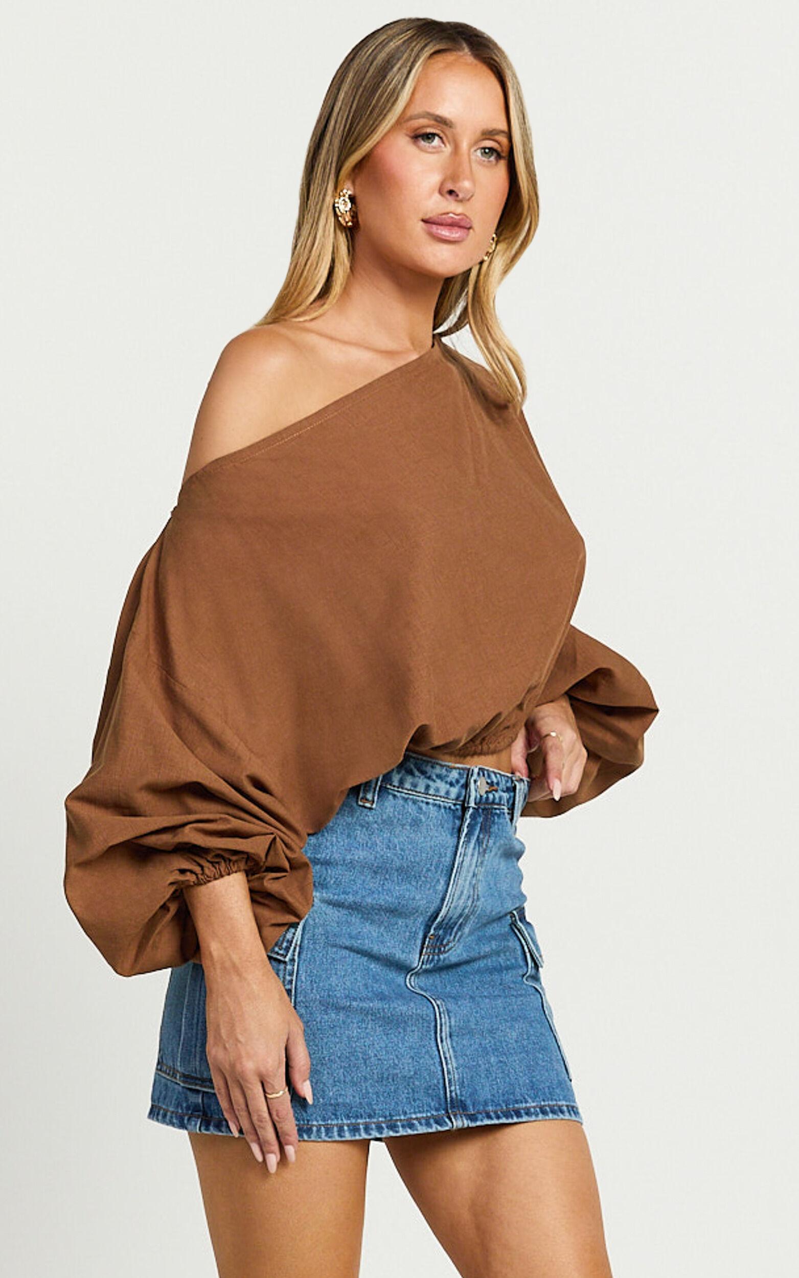 Alesia Top - Asymmetrical Boat Neck Elastic Hem Crop Top in Chocolate Product Image