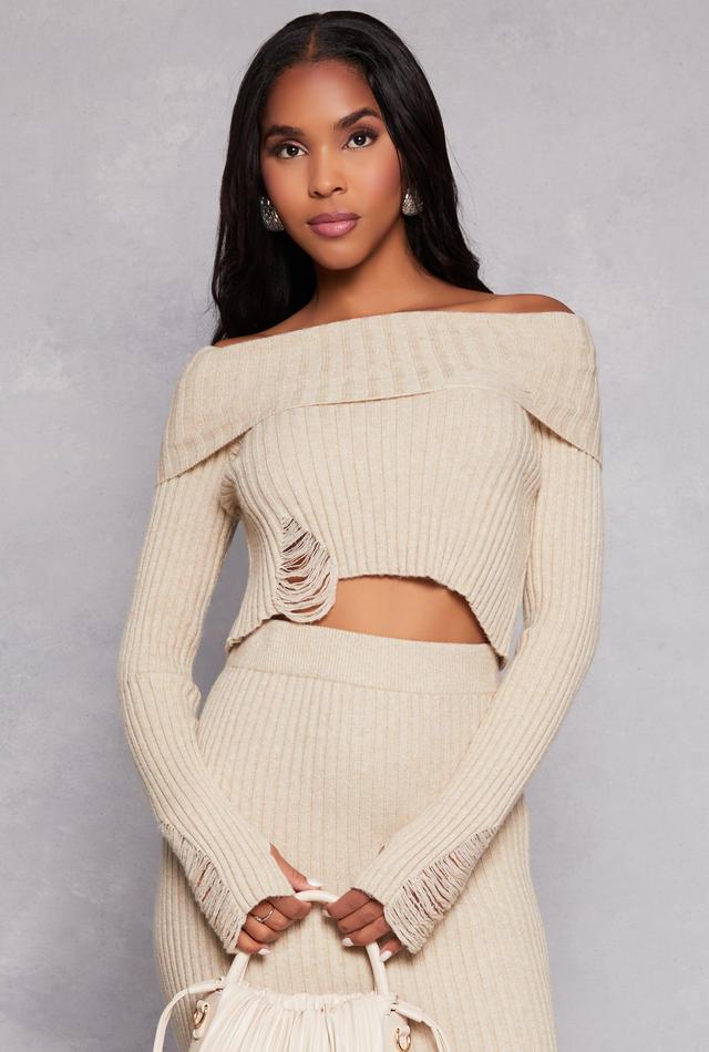 Womens Distressed Ribbed Knit Off the Shoulder Sweater Product Image