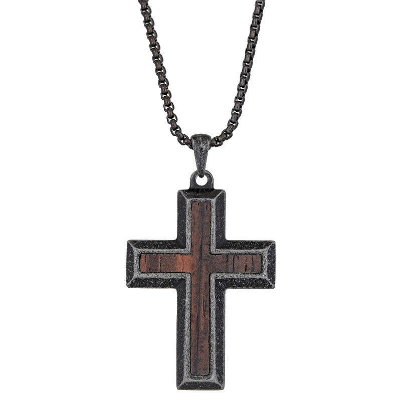 Mens LYNX Wooden Inlay Stainless Steel Cross Pendant Necklace Product Image