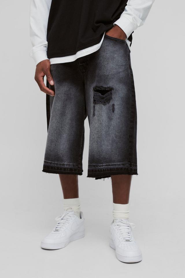 Ripped LongLine Denim Jorts | boohooMAN USA Product Image