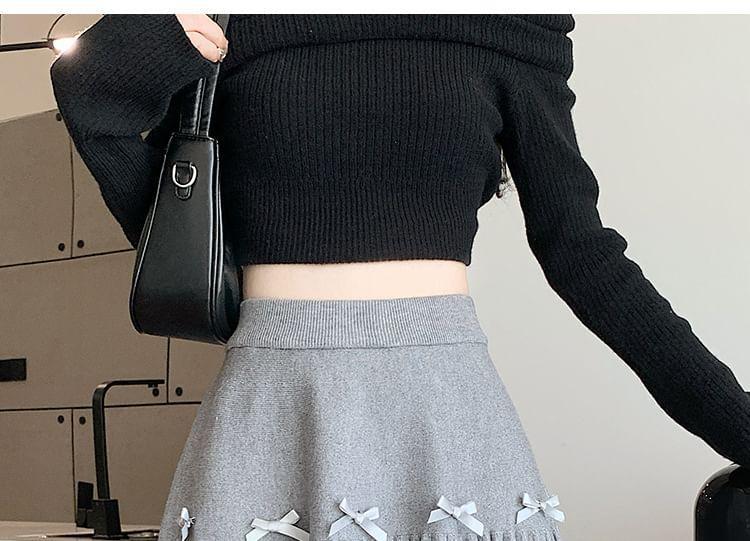 High Rise Plain Bow Accent Pleated Knit Mini A-Line Skirt Product Image