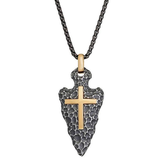 Mens LYNX Two Tone Stainless Steel Arrowhead Cross Pendant Necklace Silver Product Image