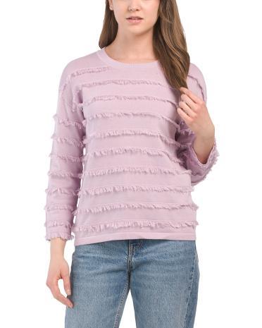 Pima Cotton Striped Fringe Crew Neck Sweater for Women Product Image