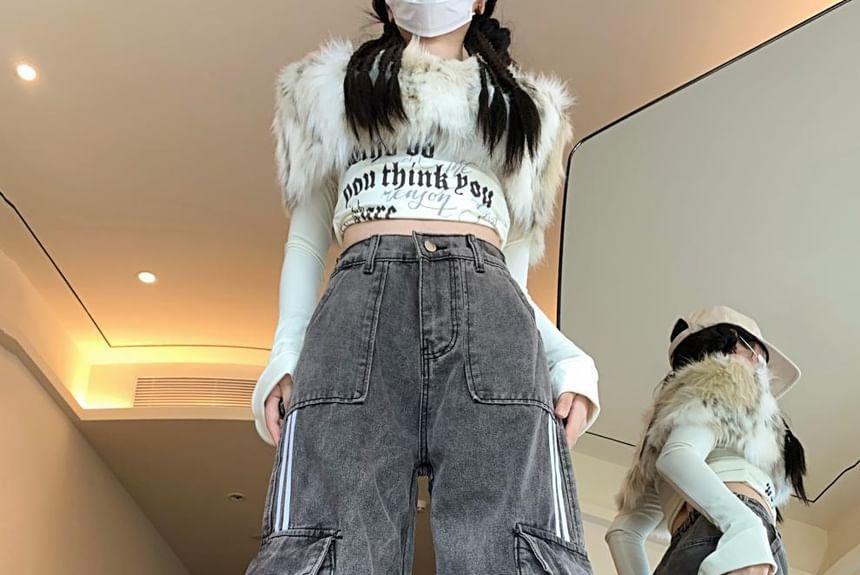 High Waist Washed Wide Leg Cargo Jeans Product Image