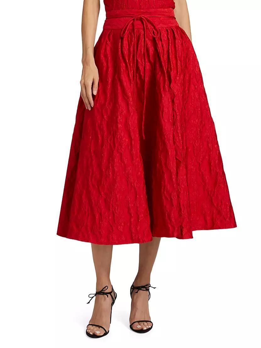 Floral Cloque Tie Pleated Midi-Skirt Product Image