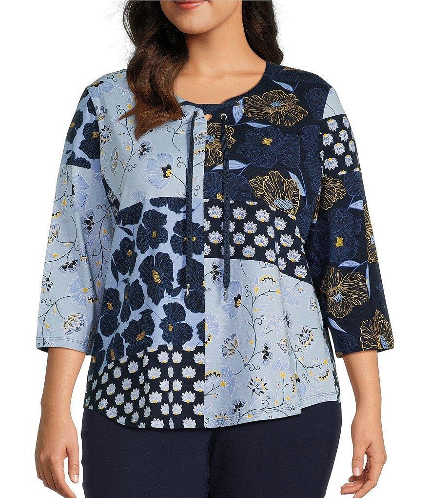 Allison Daley Plus Size Patchwork Floral Print 3/4 Sleeve Lace-Up Split V-Neck Knit Top Product Image