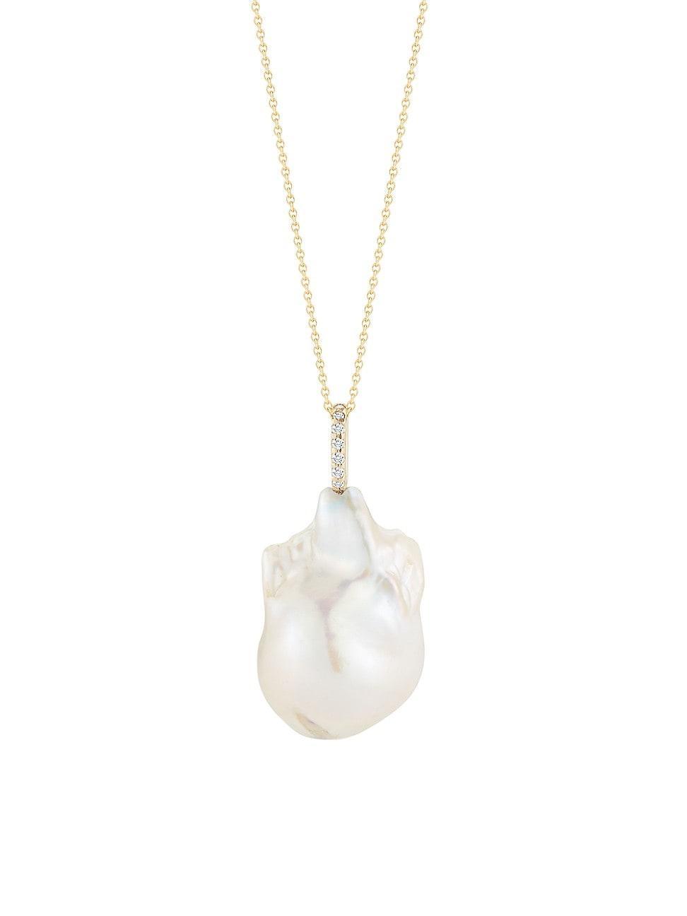 Womens 14K Yellow Gold, Baroque Pearl & Diamond Pendant Necklace Product Image