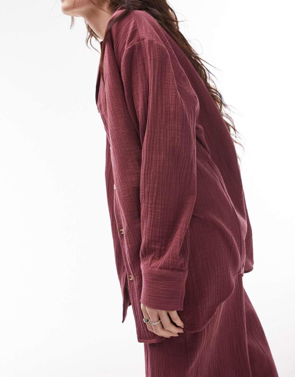 Topshop casual textured beach shirt in burgundy - part of a set Product Image