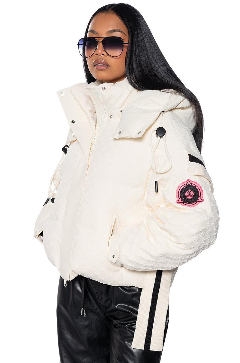 SNOWBIRD TEXTURED PUFFER COAT WITH SIDE RIBBED DETAIL Product Image