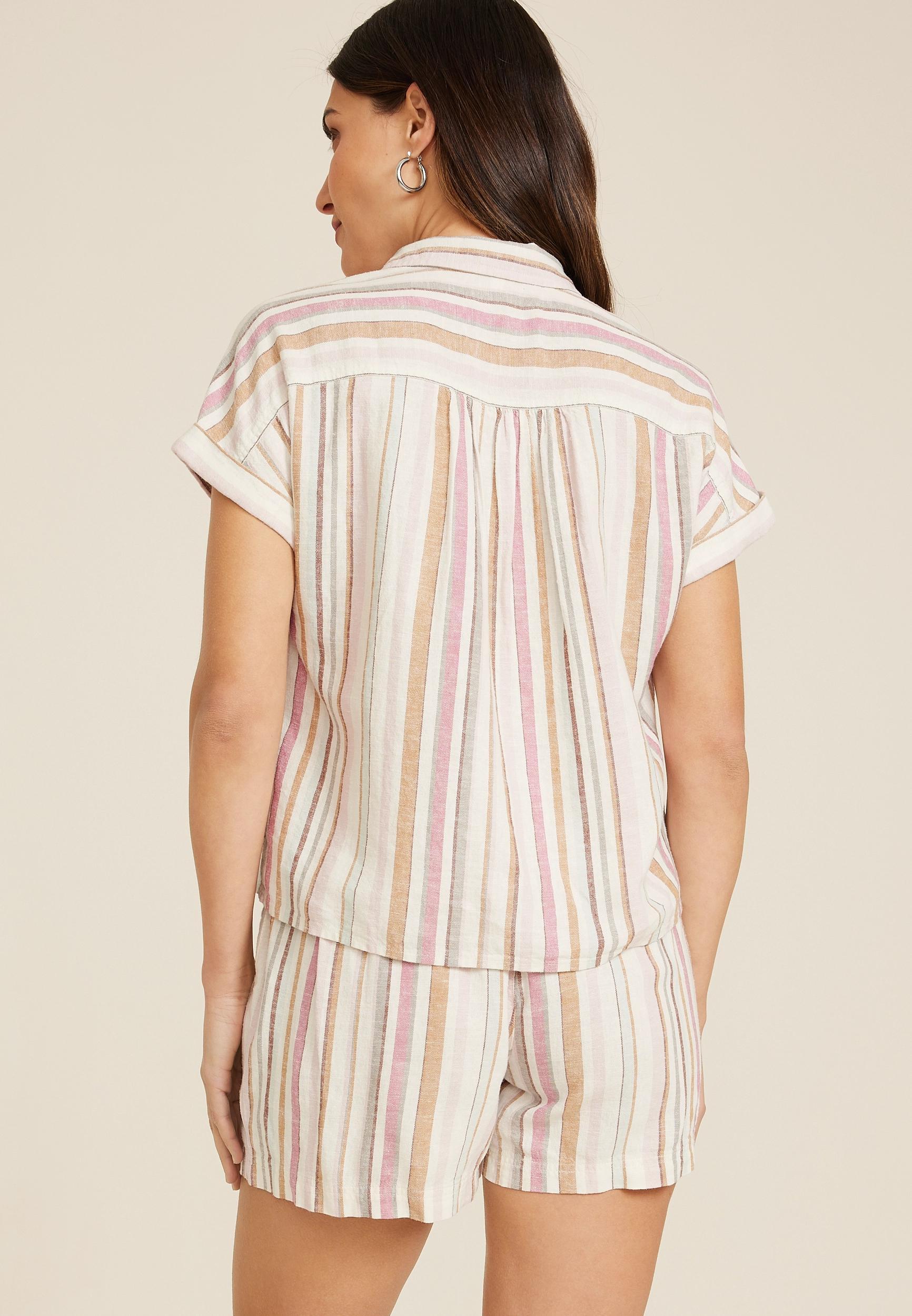 Striped Linen Utility Dolman Button Down Shirt Product Image