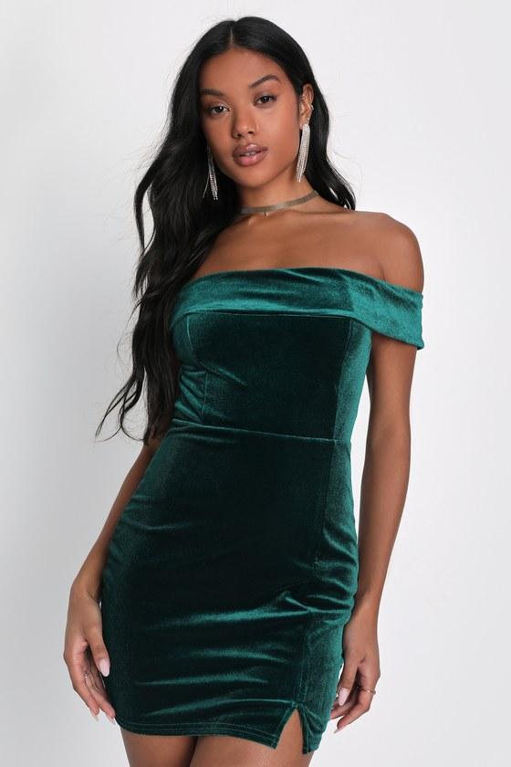 Extraordinary Essence Emerald Velvet Off-the-Shoulder Mini Dress product image