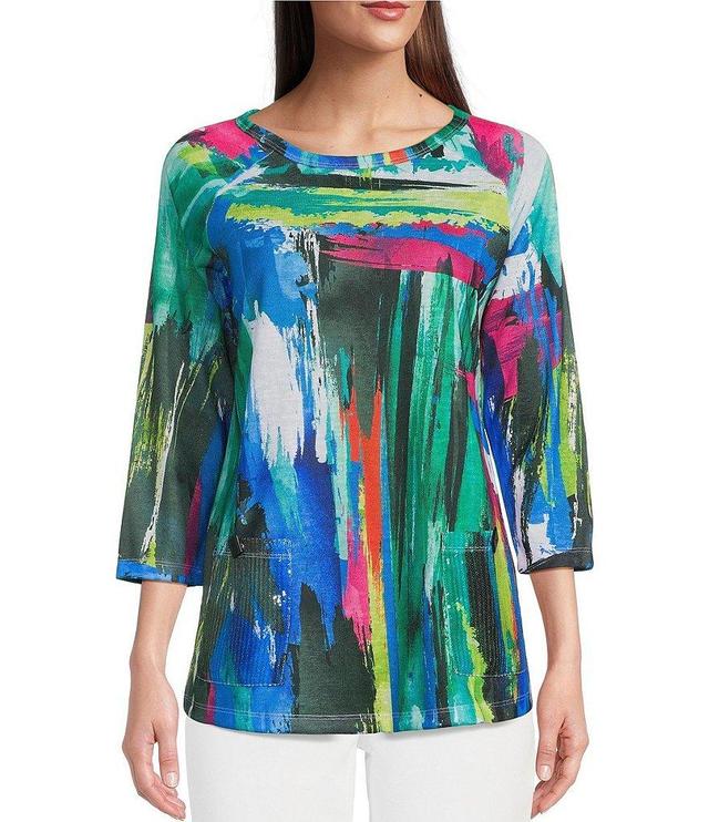 Ali Miles Printed Knit Round Neck 3/4 Raglan Sleeve Front Pocket Pull-On Tunic Product Image