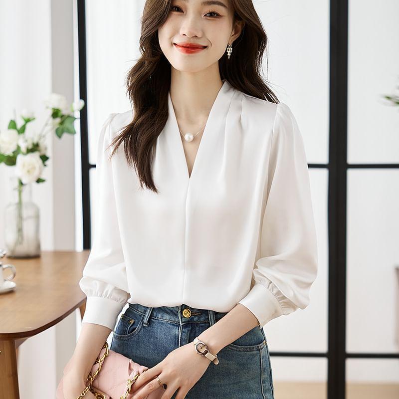 Puff-Sleeve V-Neck Satin Blouse Product Image