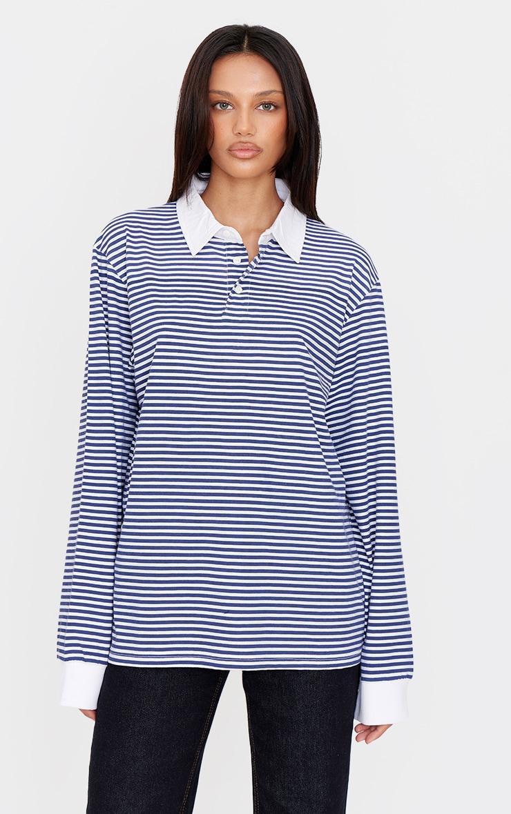 Navy Striped Collared Oversized Long Sleeve T Shirt Product Image