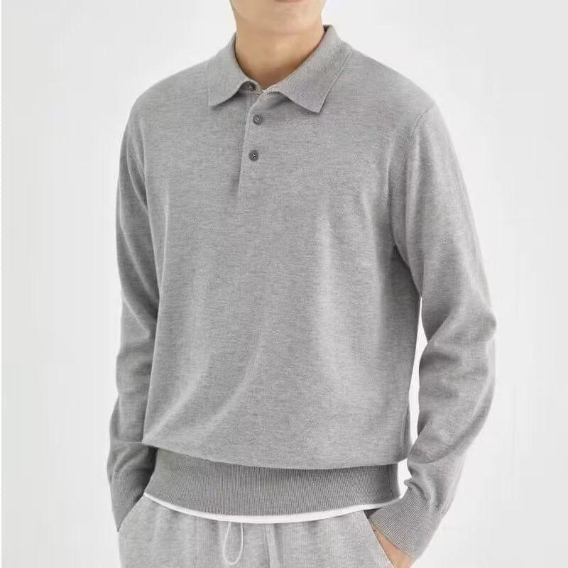 Long-Sleeve Plain Knit Polo Top Product Image