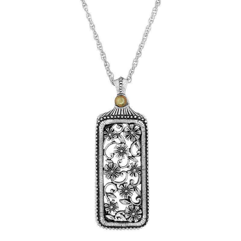 1928 Silver Tone Flower Filigree Mirror Pendant Necklace, Womens Grey Product Image