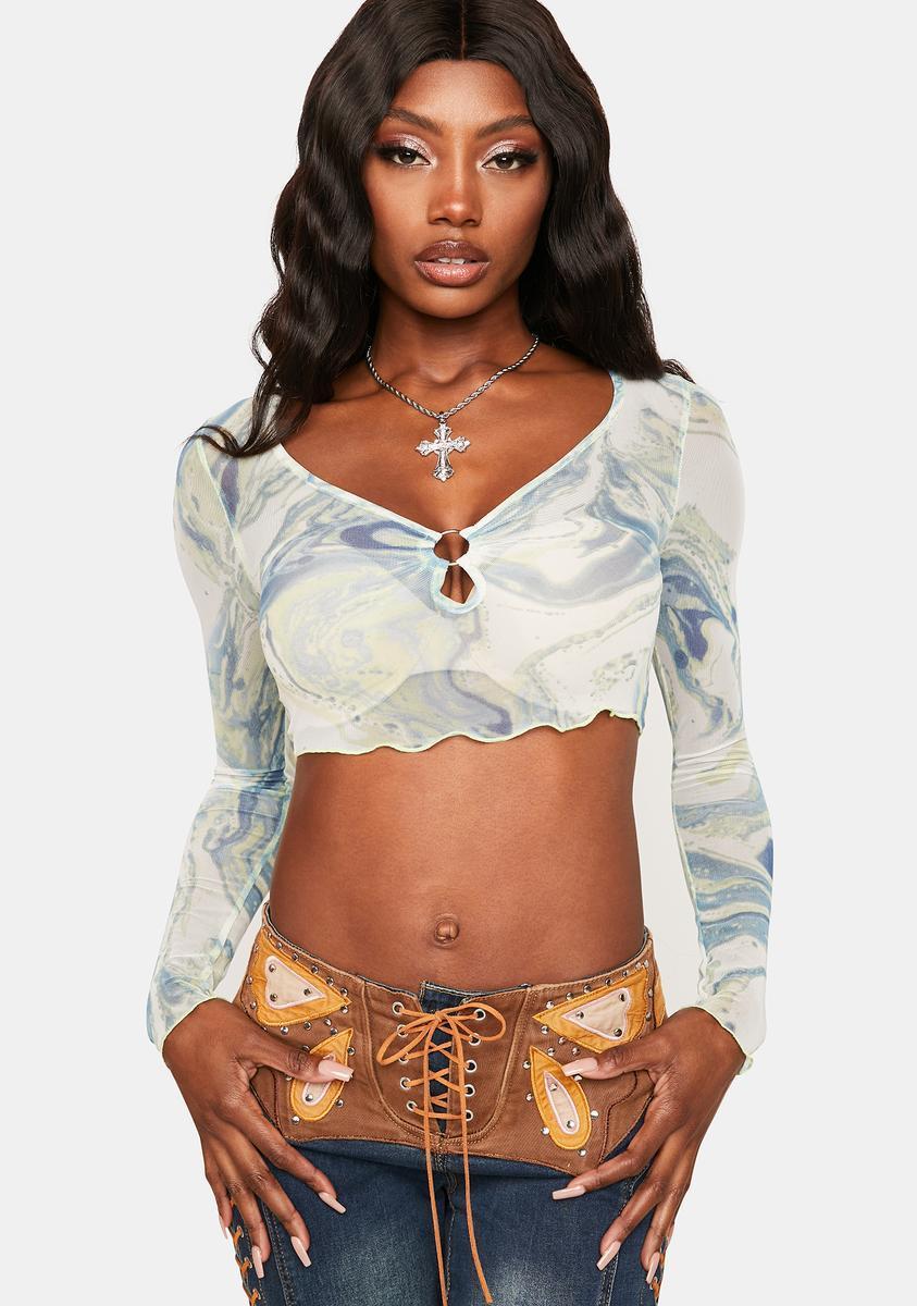 Mesh Swirl Print O Ring Long Sleeve Crop Top - Teal Product Image