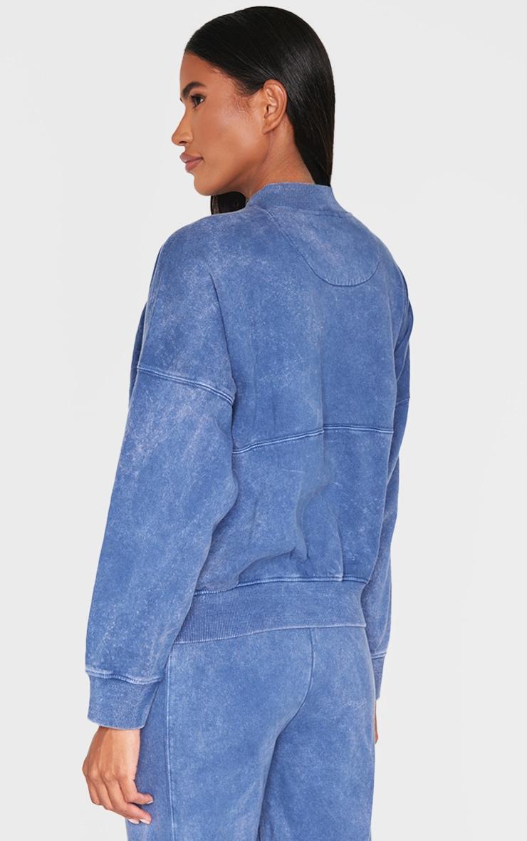 Blue Washed Seam Detail Zip Up Bomber Style Sweatshirt Product Image