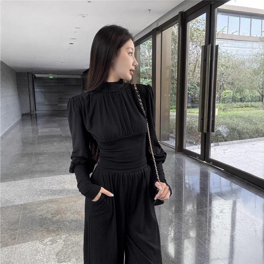 Set: Long-Sleeve Mock Neck Plain Ruched Slim Fit Crop T-Shirt + High Rise Wide Leg Pants Product Image