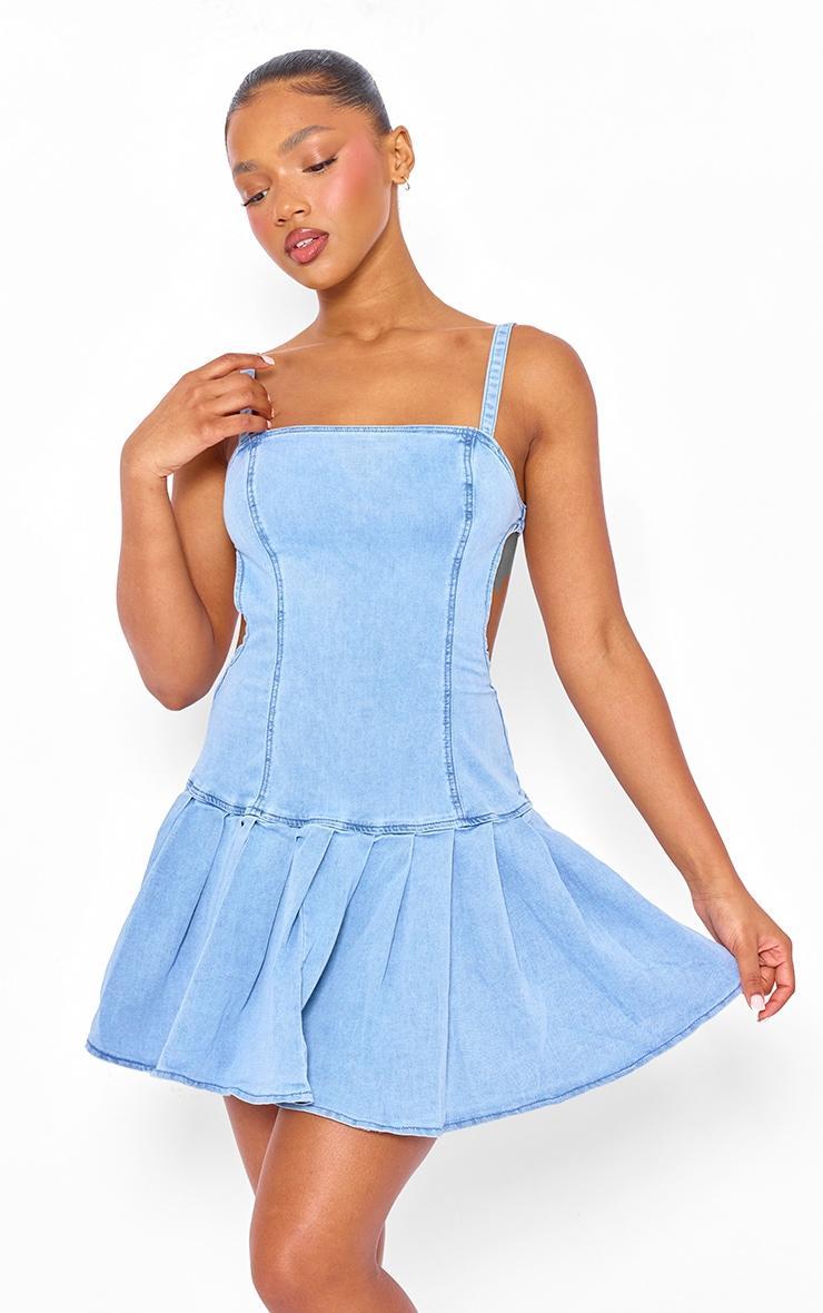 Mid Blue Wash Cut Out Side Pleated Skirt Mini Dress Product Image