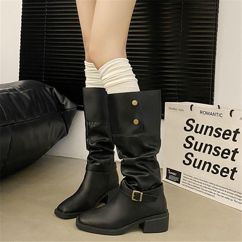 Buckled Faux Leather Chunky Heel Tall Boots product image