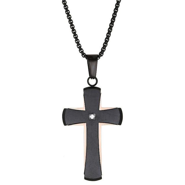 Mens LYNX Two Tone Stainless Steel Cubic Zirconia Cross Pendant Necklace White Product Image