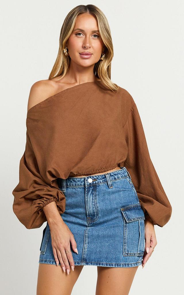 Alesia Top - Asymmetrical Boat Neck Elastic Hem Crop Top in Chocolate Product Image