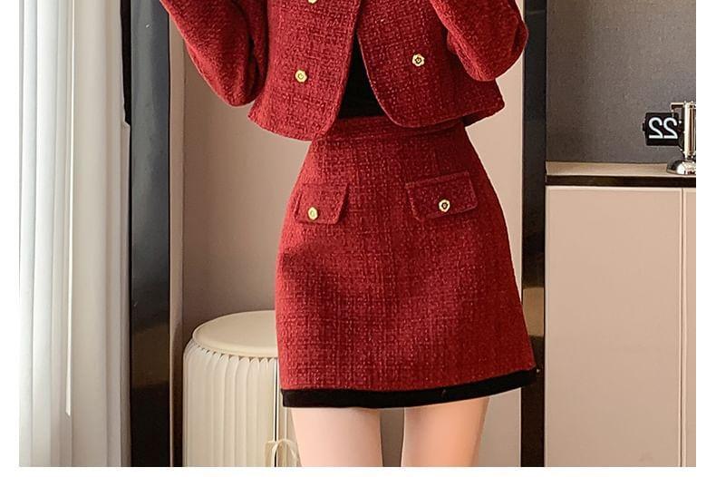 Set: Tweed Double-Breasted Jacket + High Rise Mini A-Line Skirt Product Image