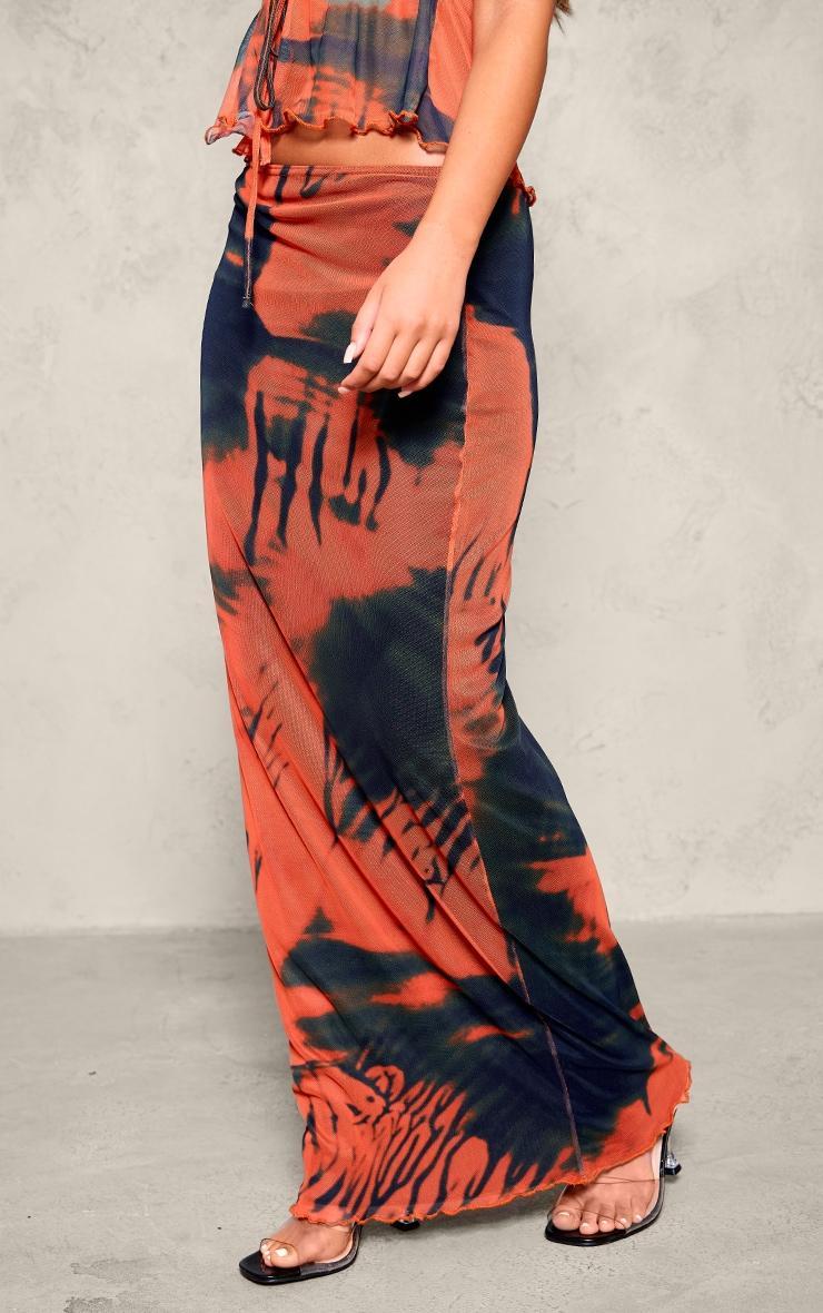 Orange Abstract Print Mesh Low Rise Maxi Skirt Product Image