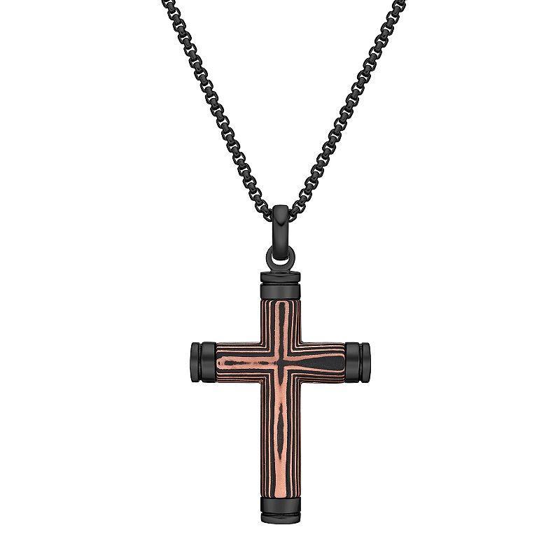 Mens LYNX Stainless Steel Carbon Fiber & Copper Foil Cross Pendant Necklace Multicolor Product Image