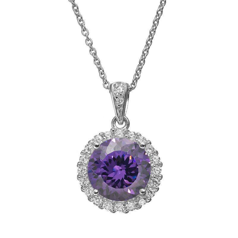 Sophie Miller Purple & White Cubic Zirconia Sterling Silver Halo Pendant Necklace, Womens Product Image