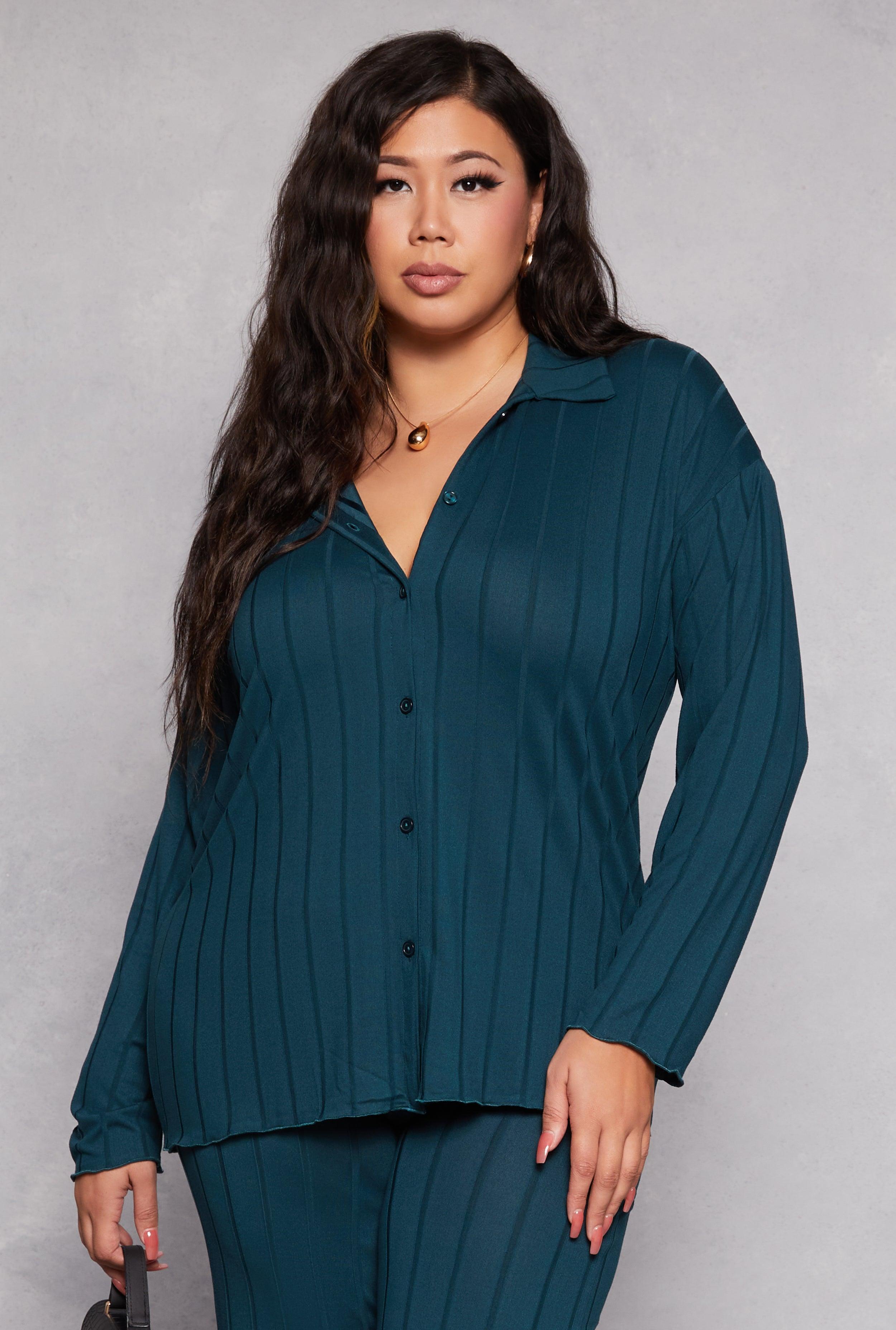 Womens Plus Size Ribbed Button Front Blouse Product Image