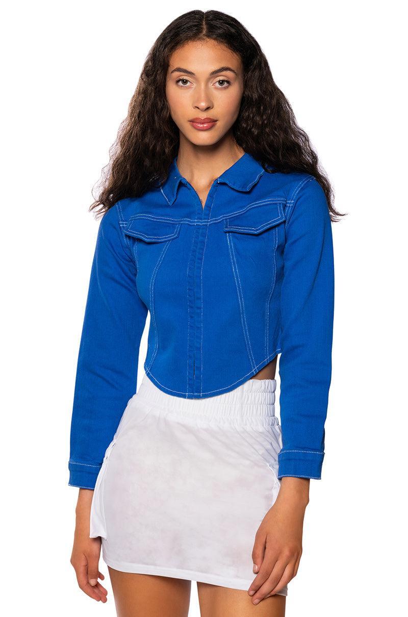 SKY IS THE LIMIT LONG SLEEVE DENIM TOP Product Image