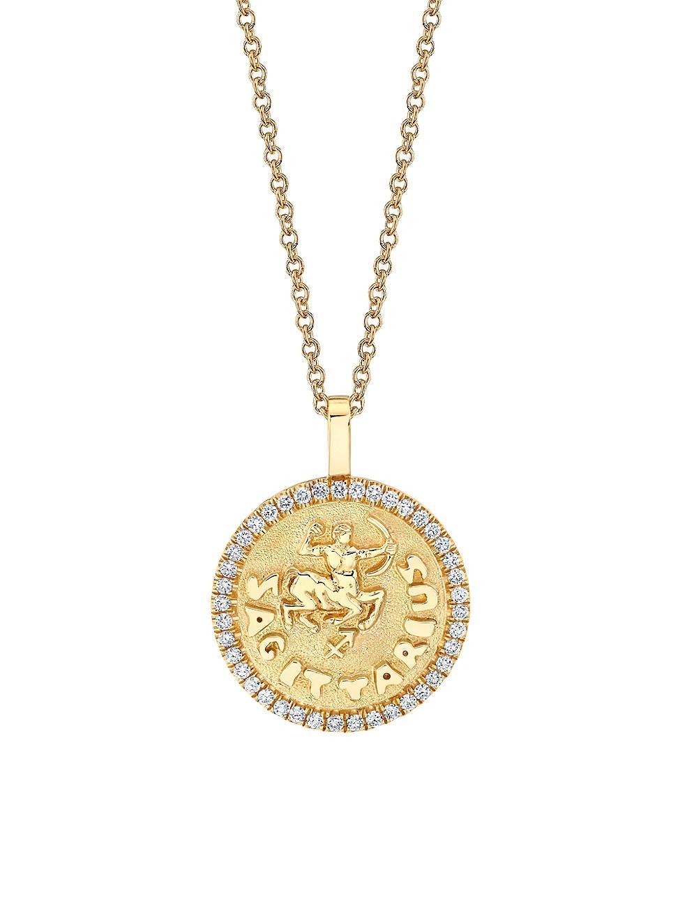 Womens 18K Yellow Gold & Diamond Sagittarius Coin Pendant Necklace Product Image