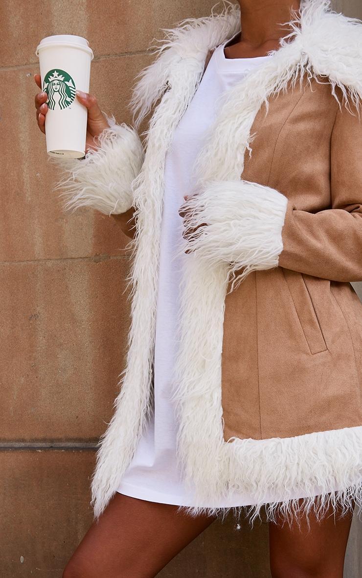 Camel Faux Fur Trim Faux Suede Coat Product Image