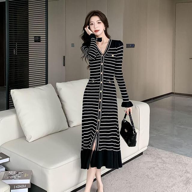 Long-Sleeve V-Neck Striped Button Midi A-Line Knit Dress Product Image