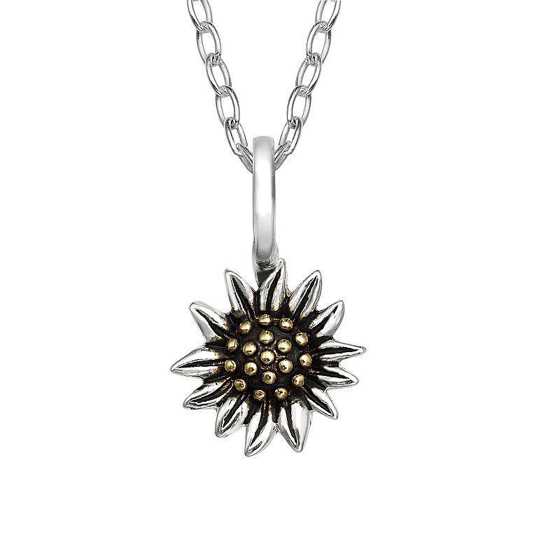 PRIMROSE Sterling Silver Polished & Oxidized Sunflower Pendant Necklace, Womens Two Tone Yellow Gold Product Image