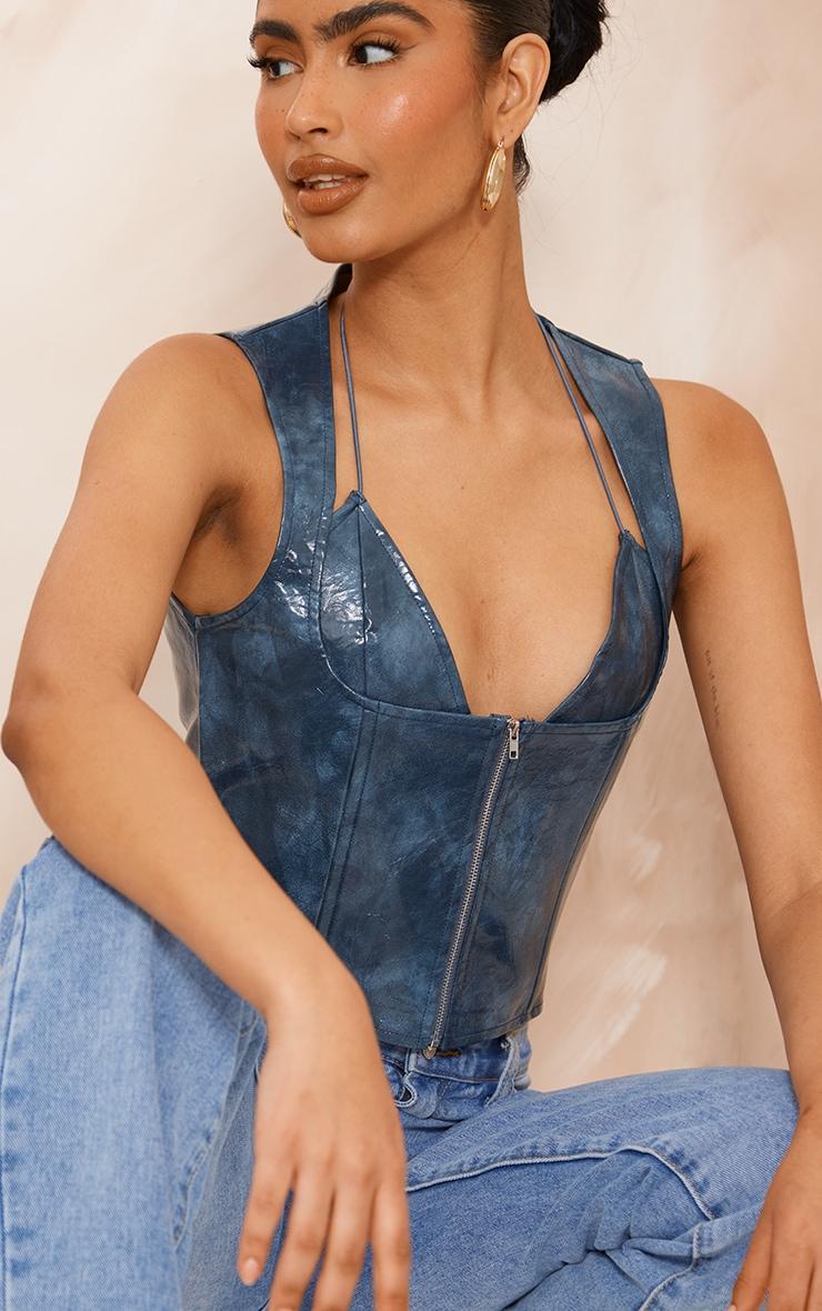 Blue Faux Leather Bralet Detail Long Top Product Image