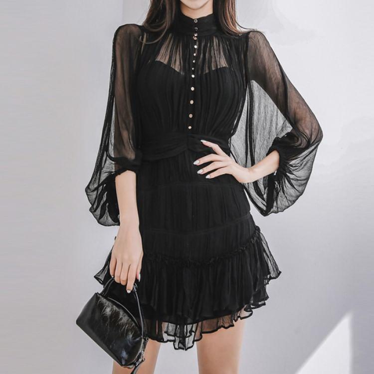 Balloon Sleeve Stand Collar Plain Ruffle Gathered Button Mini A-Line Dress Product Image