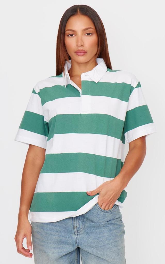 Green Chunky Striped Collared Oversized T Shirt Product Image