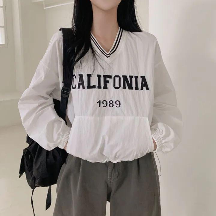 V-Neck Lettering Embroidered Striped Trim Drawstring Crop Pullover Product Image