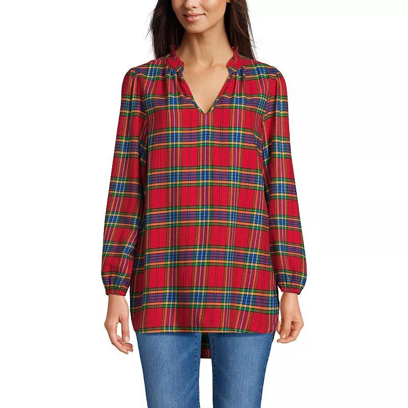 Womens Lands End Brushed Flannel Ruffle Split Neck Tunic Deep Green Plaid Product Image