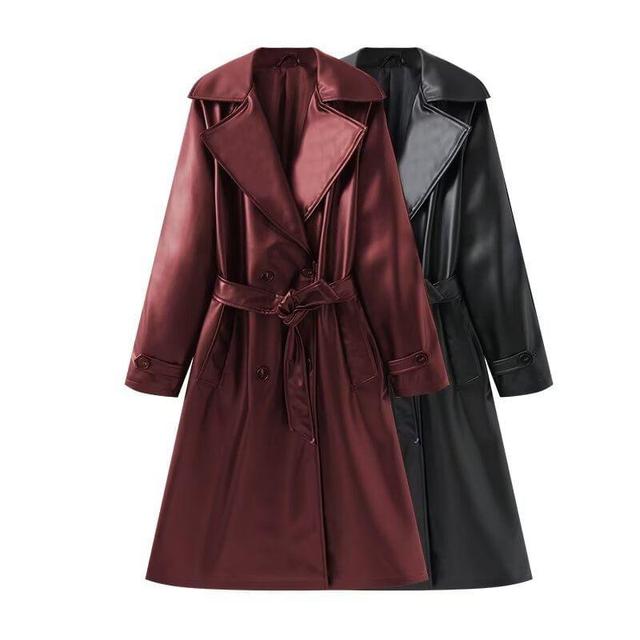 Long-Sleeve Faux Leather Lapel Collar Double Breasted Coat Dress Product Image