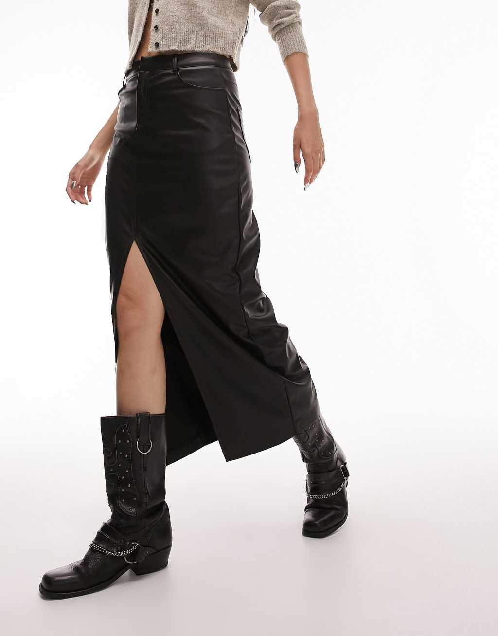 Topshop leather look denim styled maxi skirt in black Product Image