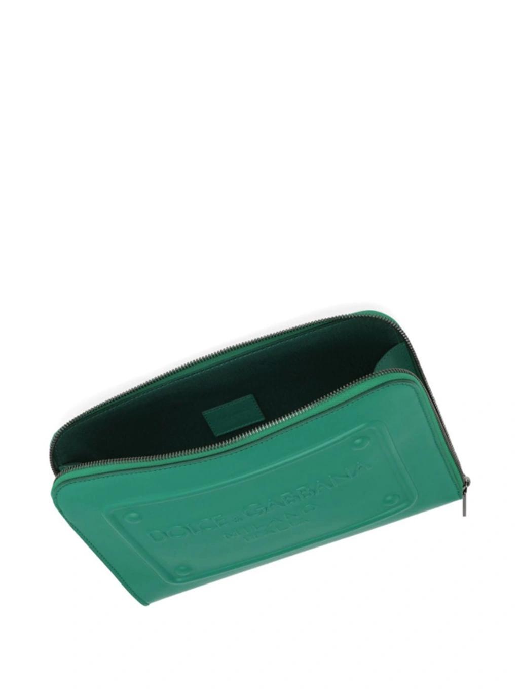 Raised-logo Leather Clutch In Green Product Image