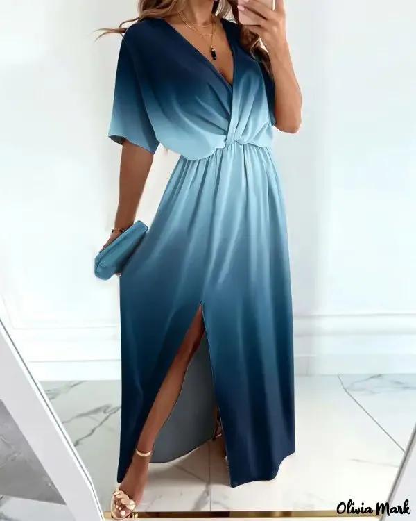 Olivia Mark – Gradient V-Neck Split Thigh Wrap Maxi Dress Product Image