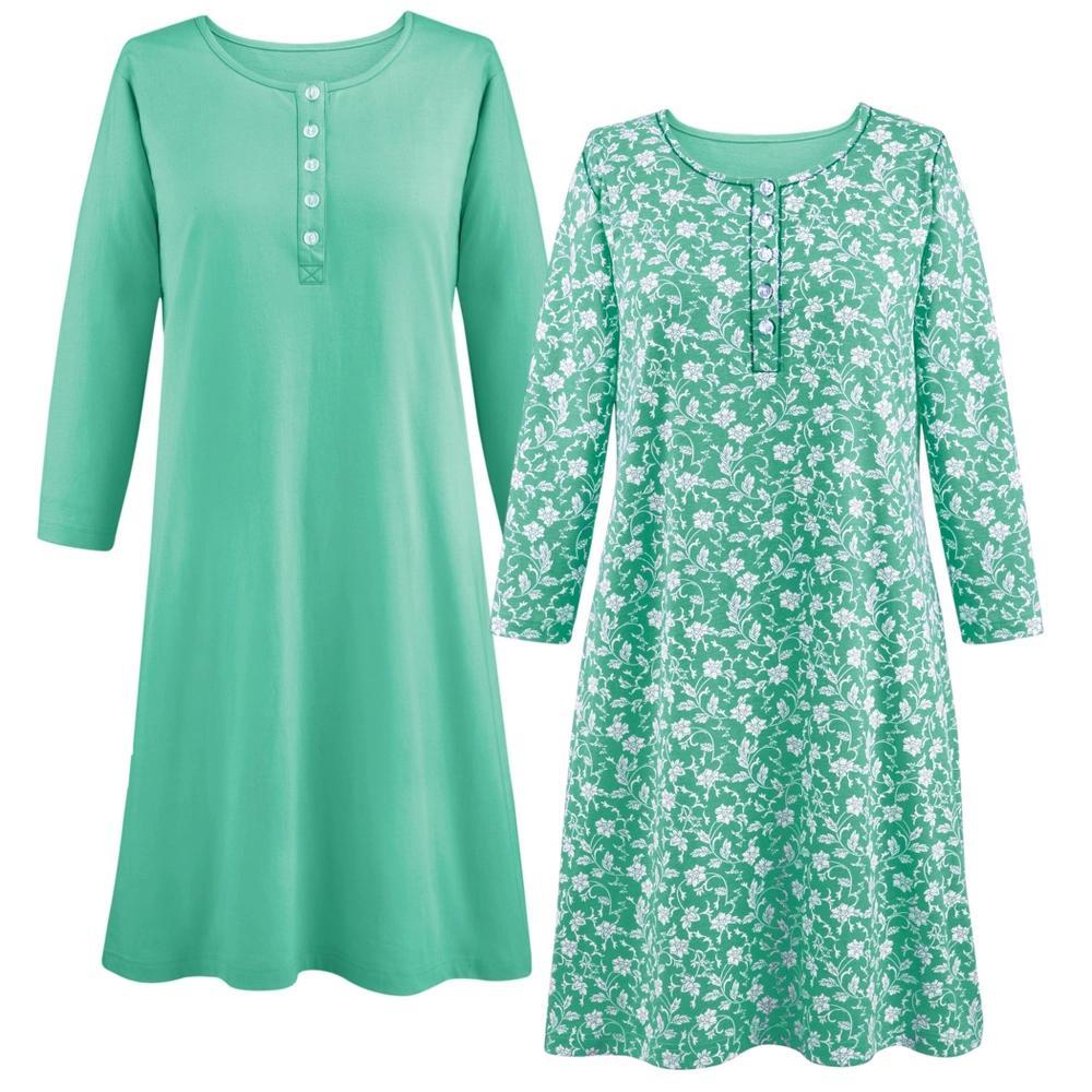 Collections Etc Button-Front Henley Nightgowns - Set of 2 Medium Mint Female Product Image