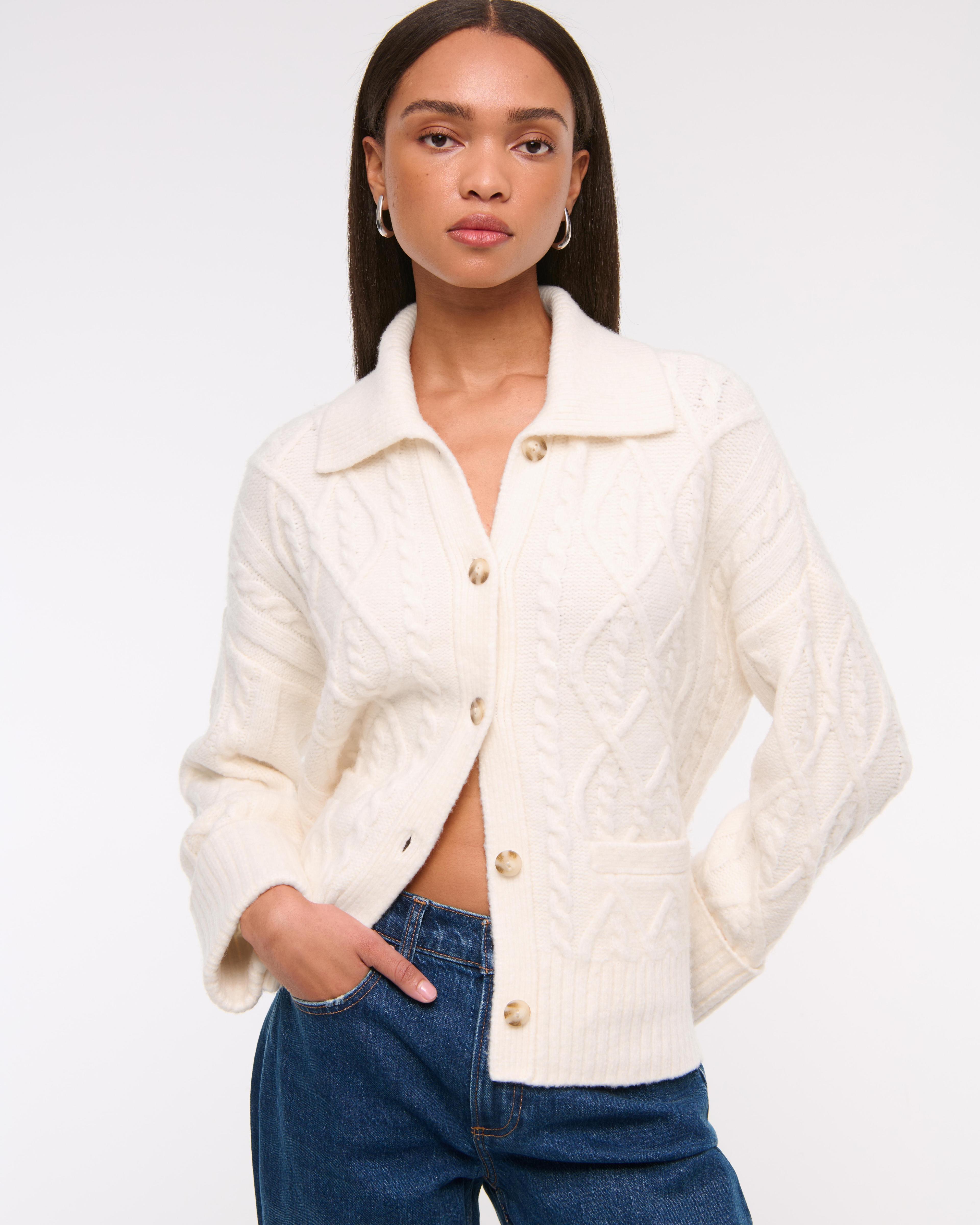 Cable-Knit Collared Cardigan Product Image