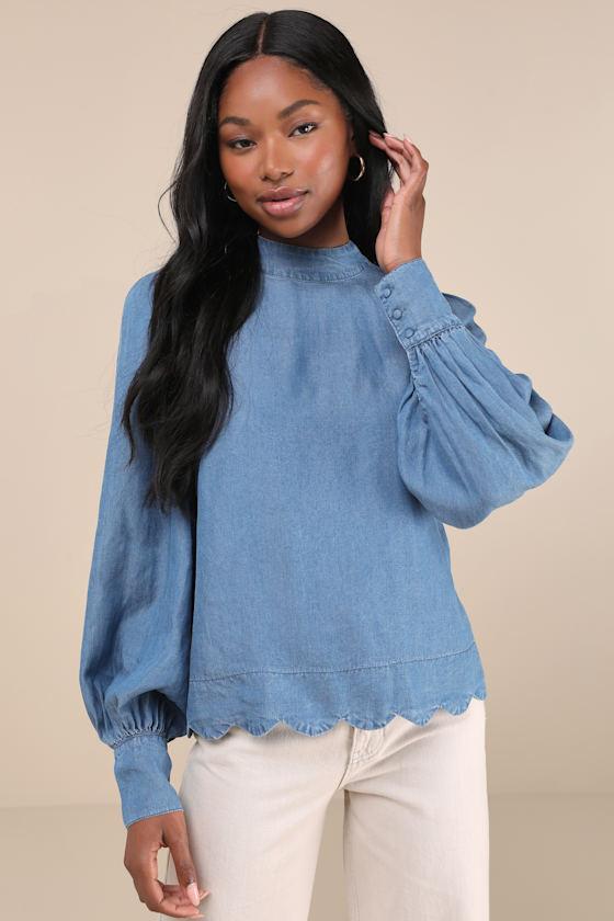 Unique Confidence Blue Chambray Long Sleeve Mock Neck Top Product Image