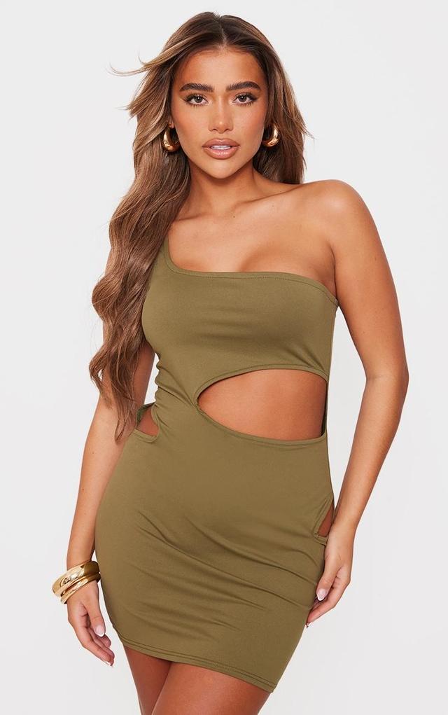 Khaki Soft Touch One Shoulder Cut Out Bodycon Dress Product Image